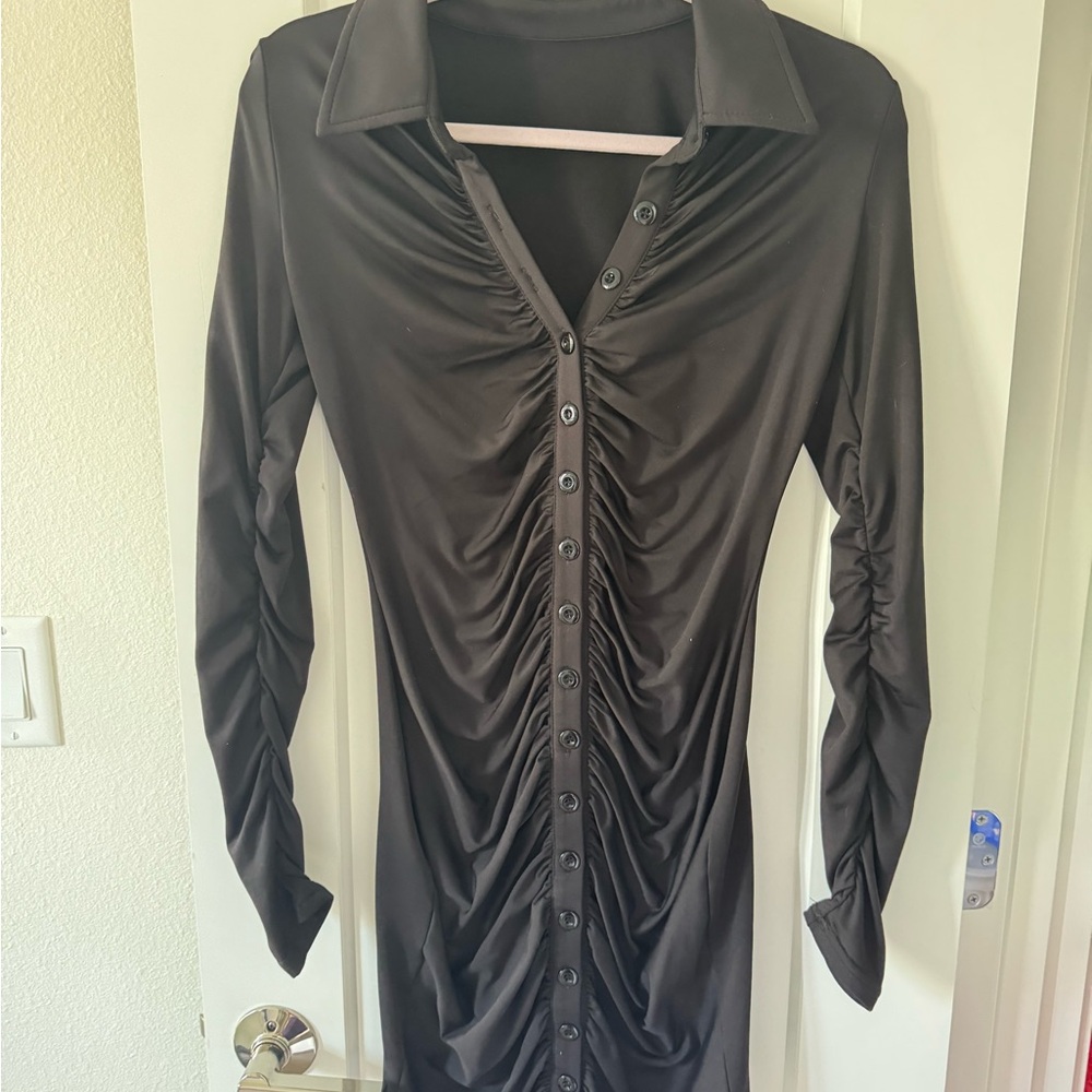 Elegant Black Ruched Button-Down Dress